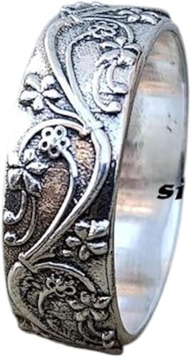 Unique Floral Wedding Band Men Engraved Band's 925 Sterling Silver Flower Design Band Vintage Thumb Ring