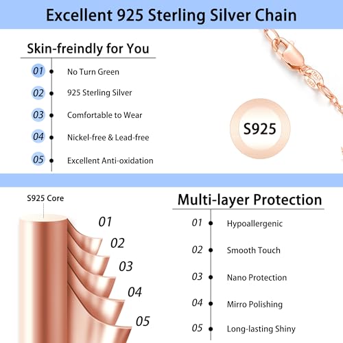 Jewlpire 18k Gold Plated 925 Sterling Silver Chain Necklace for Women, 1.1mm Cable Chains Necklace Thin & Dainty & Sturdy Women's Chain Necklaces, 14/16/17/18/20/22/24 Inches - color: 18K Rose Gold Plated, size: 20 Inch