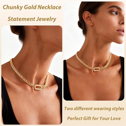 Long tiantian Chunky Gold Necklace Stack Chain Necklaces for Women Statement Layered Paperclip Choker Necklaces Statement Necklace for 80s 90s & Night Out Outfits Paperclip Style Fashion Jewelry - color: A6：rhinestone pendant chain