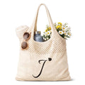 Shinylin Personalized Crochet Tote Bag for Beach Women Beige Mesh Knit Shoulder Bag Boho Aesthetic Tote for Women - style: Letter J