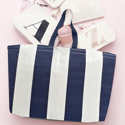 Large Canvas Tote Bag-Extra Big Shopping Beach Totes Bags Reusable Largest Grocery Plain Solid Bag 28"x8"x16" - color: Blue White Stripe