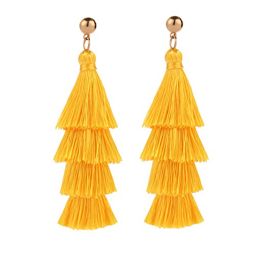 BaubleStar Tassel Earrings Handmade Tiered Thread Tassel Dangle Earrings, Multi Colors - color: Yellow