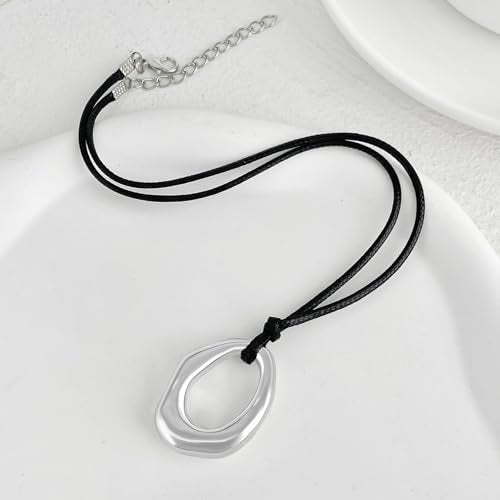 Black Cord Necklace with Gold Circle Pendant Chunky Leather Cord Necklace Large Round Pendant Statement Necklace Long Boho Jewelry Western Outfit for Women - color: A1