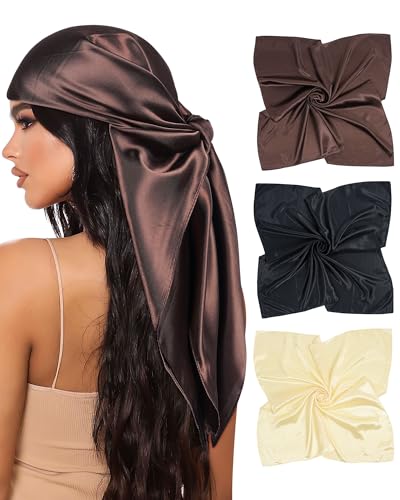 Mesovor 35” Square Head Scarf for Women, 3 Pack Like Silk Satin Headscarf Hair Neck Scarf Top Bandanas for Sleeping - color: Black + Dark Brown + Apricot