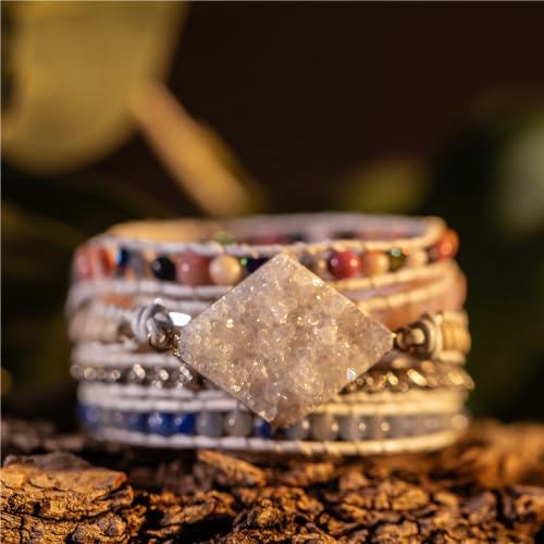 YGLINE Boho Handmade Wrap Leather Tube Crystal Stone Bracelet for Women - color: Druzy Stone