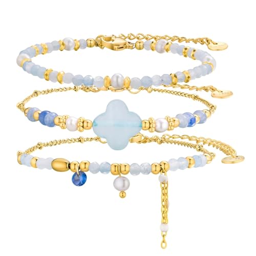 Beaded Bracelets Set for Women Stackable Healing Layered Bracelets Stack 3PCS Aquamarine Gemstone Crystal Dainty Boho Summer Jewelry for Women Natural Stone 14k Gold Plated - color: Aquamarine