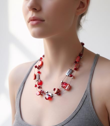 FULU AUTUMN Beaded Statement Necklaces for Women Shell Bead Chunky Collar Necklace Summer Layer boho Costume Jewelry for Her - color: Red