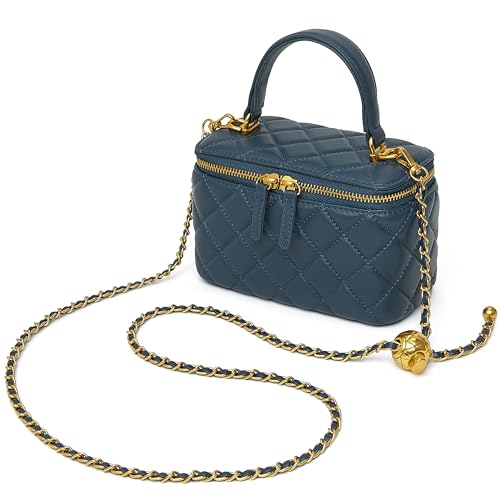 DORIS&JACKY Small Quilted Box Crossbody Purse For Women, Designer Lambskin Leather Mini Top Handle Tote Bag With Chain Strap - color: 4-blue