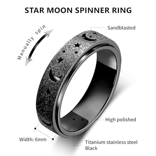 Anxiety Ring for Women Spinner Rings:Rotating Rings Stainless Steel 6mm Moon Star Anxiety for Men Band Jewelry Gift for Women Size 6 7 8 9 10 - color: B-Black