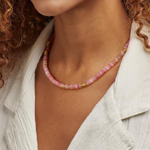 KissYan Boho Beaded Choker Necklace for Women, Gemstone Choker Natural Stone Freshwater Pearl Surfer Necklaces 14K Gold Plated Summer Beach Handmade Jewelry - color: M-Rose