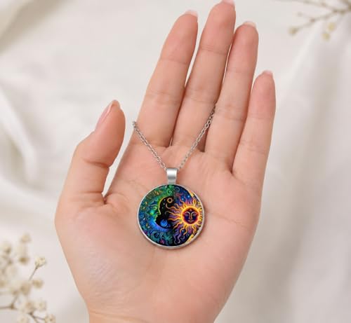 1pc Stunning Round Pendant Necklace - Unique Sun & Moon Pattern, Oil Painting Style Glass Mosaic, Alloy Construction, Trendy Sweater Chain, Fashionable Gift for Women - Christmas or Birthday Gift - color: Blue Moon