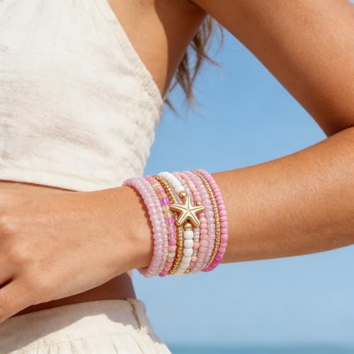 Shell Bracelet Seashell Boho Beaded Stretch Bracelets for Women Summer Beach Bracelets Starfish Charm Bracelet Stackable Gold Plated Bracelets Set for Women - color: g-pink