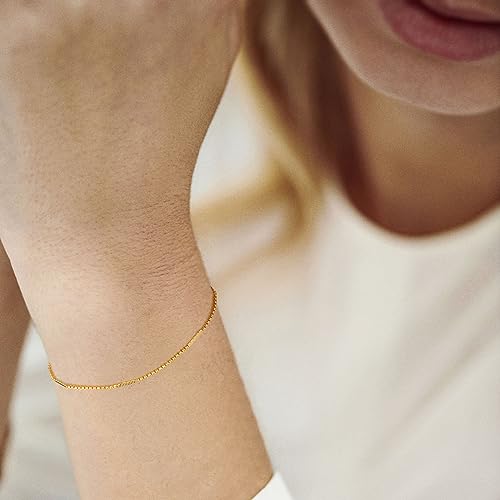 BENEIGE Women Bracelet 14K Gold Plated Paperclip Satellite Bead Ball Oval Cuba Cable Box Chain Daily Charm Layered Link Silver Bracelets Adjustable Jewelry - style: Chain Flat Box