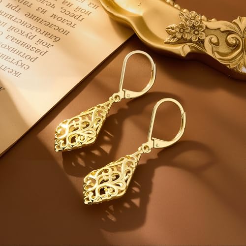Dangle Earrings for Women, 14K Gold Plated Filigree Dangling Leverback Earrings, Silver Geometric Hypoallergenic Lightweight Dangly Drop Earings for Women Trendy Jewelry Gifts - color: A-14K Gold