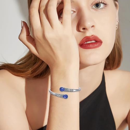 925 Sterling Silver Genuine Gemstone Bracelet for Women Men Handmade Adjustable Boho Navajo Style Bangle Cuff Natural Stone Jewelry Gift - color: Lapis Lazuli