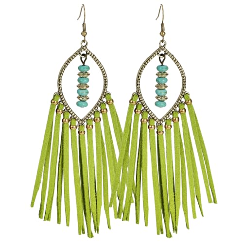 Long Bohemian Fringe Leather Earrrings Handmade Tassel Earrings with Turquoise Christmas Long Dangle Earrings for Women rodeo jewelry - color: 11