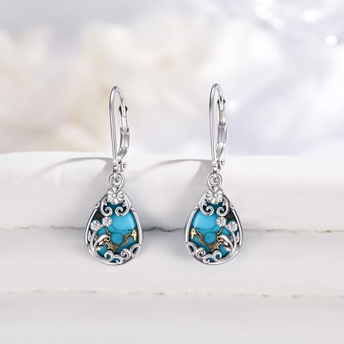 Natural Turquoise Earrings for Women Dangling 925 Sterling Silver Dangle Earrings Western Jewelry Christmas Gift for Sister Mother - style: D-Floral Earrings