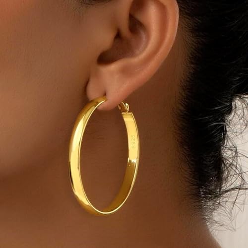 5mm Wide Gold Hoop Earrings for Women, 14K Gold Plated Big Chunky Hoop Earrings with S925 Sterling Silver Post, Hypoallergenic Lightweight Earrings Jewelry for Women 30/40/50/60/70mm - color: Gold-50mm