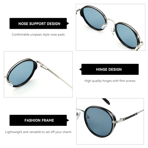 ZENOTTIC Retro Round Polarized Steampunk Sunglasses for Men Women-Circle Vintage Design Metal Frame UV400 Shades - color: C06 Silver Frame Blue Lens