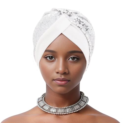 Erinaco Women Sparkle Sequin African Turban Bow Knot Pre-Tied Cap Pleated Ruffle Bonnet Beanie Hat Headwrap Skull Caps - color: Sparkle White