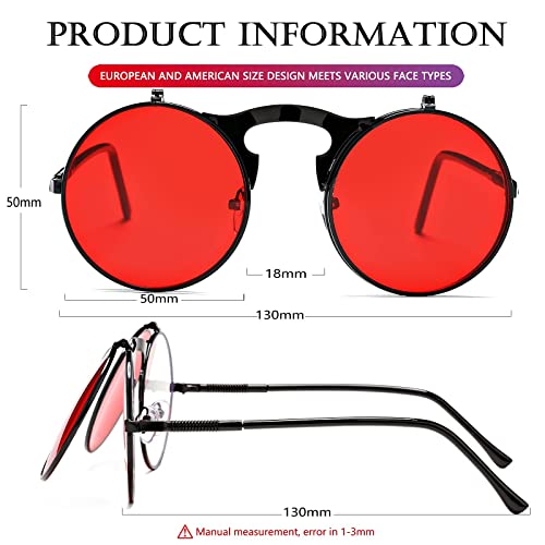 AIEYEZO Round Flip Up Sunglasses for Men and Women Rave Flip Glasses 90's Retro Steampunk Style - color: Black/Ocean Red