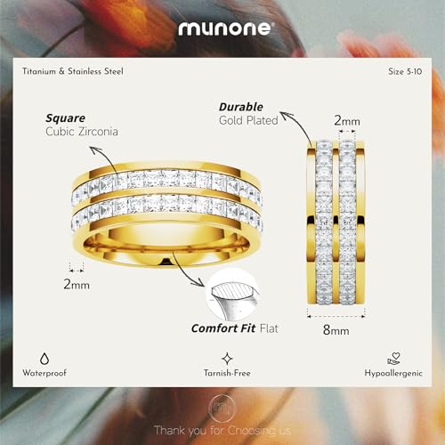 Channel Set Cubic Zirconia Eternity Band Rings for Women Men | 18k Gold Plated Cubic Zirconia,Minimalist Non Tarnish Hypoallergenic Wedding Band Stackable Ring - color: Gold-8mm