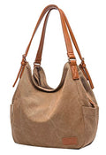 Worldlyda Women Canvas Hobo Purse Multi Pocket Tote Shopper Shoulder Bag Casual Top Handle handbag with Embroidery Ethnic - color: Be06brown