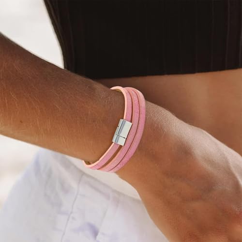 Long tiantian Leather Wrap Bracelet for Men Vintage Brown Leather Cuff Bracelet Adjustable Minimalist Western Style Wristband Casual Fashion Jewelry Gift for Him - color: pink
