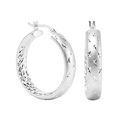 LeCalla 925 Sterling Silver Hoop Earrings for Women | 14K Gold-Plated & Rose Gold-Plated Diamond-Cut Hoop Earrings | Textured Click-Top Hoops Earring Jewelry - color: Silver Double DC-30MM