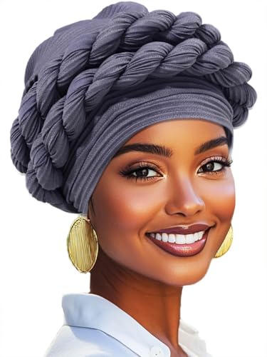 Woeoe Women African Turbans Pre-Tied Twisted Grey Hat Rhinestone Stretchy Head Wrap for Church Party - color: Grey