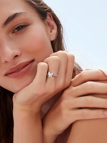 Bestyle 925 Sterling Silver Butterfly Ring Hypoallergnic Adjustable Birthstone Rings for Women Butterfly Jewelry Gifts for Anniversary Mothers' Day Birthday - color: 07.July(Ruby)-Ring Delicate