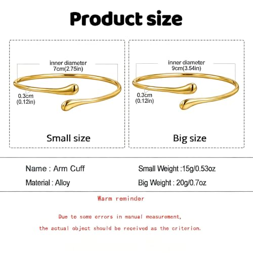 Arm Cuff Bracelet for Women Silver Upper Arm Cuffs Bracelet Water Droplet Shaped Bangles Minimalist Style Fashion Mermaid Costume Jewelry Party Accessory - style: Small Gold Style