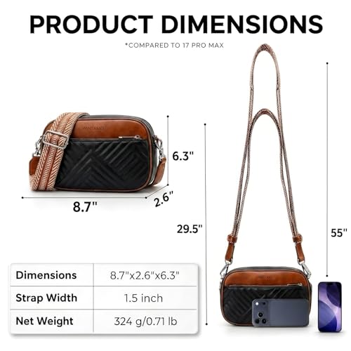 Vantamo Premium Quilted Crossbody Bags for Women with Anti-Pickpocket Clip, Vegan Leather Handbags, Travel Purses for Women - color: Black & Brown With Jacquard Strap