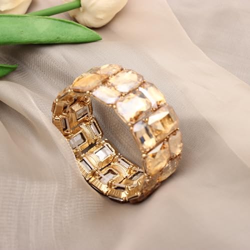Women’s Wedding Bridal Crystal Leaf Flower Stretch Bangle Elastic Wide Bracelet Jewelry for Brides Bridesmaid - color: Style2-Champagne-Gold Plated