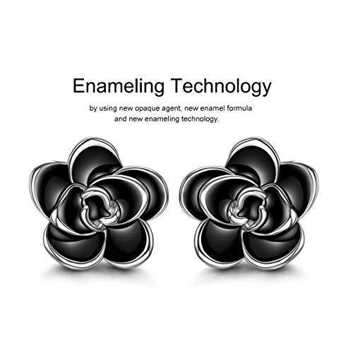 AllenCOCO Rose Flower Stud Earrings for Women Sensitive Ears, Hypoallergenic Cute Gold And Silver Rose Flower Earrings Studs for Women Nickel Free - color: Black flower/White gold, size: 0.47