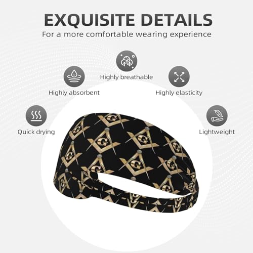 Black and Gold Swirl Liquid Ink Marble Workout Headbands Fashion Sports Sweatbands Yoga Hairbands for Fitness Athletic Non Slip Wicking Headscarf for Men Womens Girls Summer Accessories Elastic Bands - color: Masonic Square