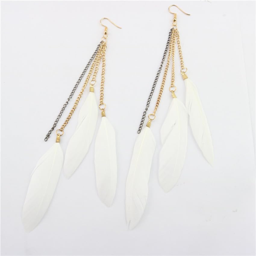 coadipress Boho Piercing Tassel Feather Long Chain Earrings Retro Lightweight Native Feather Dangle Drop Earrings for Women Bohemian Handmade Natural Feathers Earring Jewelry - color: White