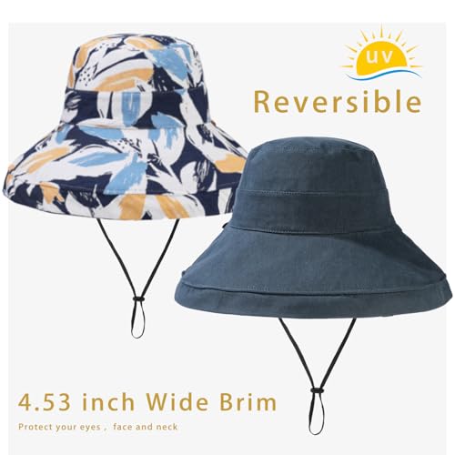 vidsel Womens Sun Hats Wide Brim Reversible Bucket Cotton Hat Packable Summer Travel Cap with Hat Clip,UV Protection - color: Navy Blue2, size: Medium
