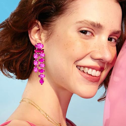 Boho Large Sparkly Rhinestones Teardrop Drop Dangle Earrings Long Tassel Full Crystals Chain Earrings for Women Wedding - style: Rose Red