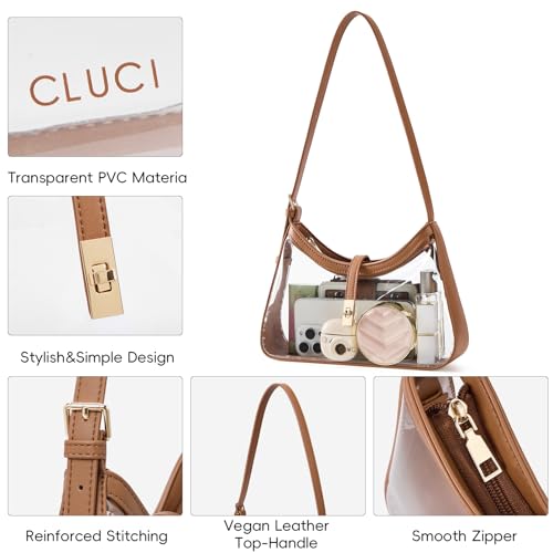 CLUCI Clear Bag for Stadium Events, Clear Purses for Women, Shoulder Bag Hobo Handbag with Adjustable Strap - color: B-transparent With Brown-small