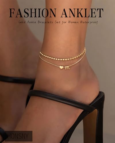 Honsny Initial Ankle Bracelets for Women Waterproof 14K Gold Plated Layered Anklets for Women Non Tarnish Dainty Heart Letter A-Z Ankle Bracelets Handmade Adjustable Summer Beach Gold Anklet Jewelry - style: Gold R