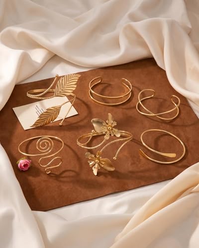 6 Pcs Arm Cuff Jewelry for Women, Minimalist Gold Coil Upper Arm Armband Set Metal Simple Open Armlet for Party - color: Leaf Flower