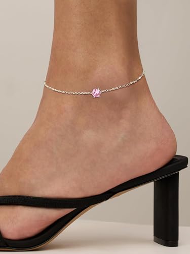 ChicSilver 925 Sterling Silver Anklets for Women, Simple Dainty Round/Heart Birthstone Ankle Bracelet Beach Foot Jewelry, 8.7-10.7 Inch Adjustable - color: 10. Round - October(Tourmaline)