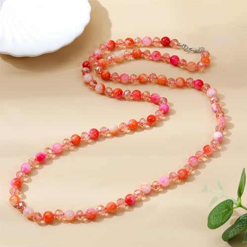 Long Beaded Necklace for Women Boho Colorful Crystal Stone Knot Statement Fashion Costume Jewelry Gifts - color: Pink Peach