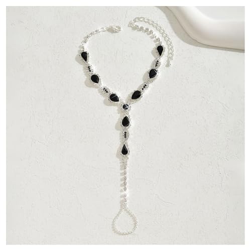 1Pair Rhinestone Tassel Anklet Barefoot Sandals Foot Chain with Toe Ring Summer Beach Crystal Hand Chain Wedding Bridal Sparkling Foot Jewelry for Women Prom - color: Black