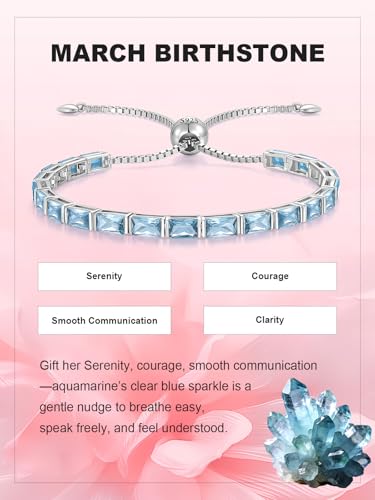 Radiant Cut Birthstone Tennis Bracelets for Women, Adjustable 6–9 Inches White Gold Plated Sterling Silver Bracelet, Hypoallergenic Anniversary Birthday Valentine’s Day Gift for Her - color: 03-Aquamarine