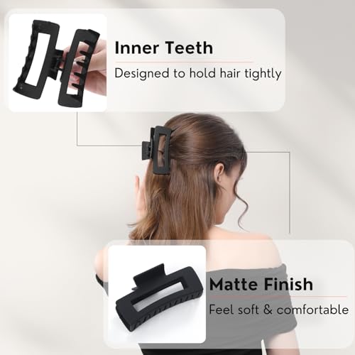 12 Pack Large Black Square Hair Claw Clips for Women, 4.3 Inch Matte Rectangle Claw Clips, Strong Hold & Non-Slip for Thick or Thin Hair - color: Black