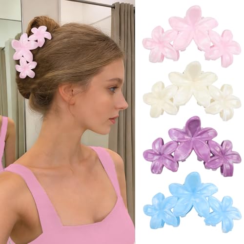 4Pcs Cute Hawaiian Flower Claw Hair Clips for Women Pink Blue Large Claw Clips for Thick Thin Hair Strong Hold Beach Hair Accessories for Women and Girls - color: 12-Colorful