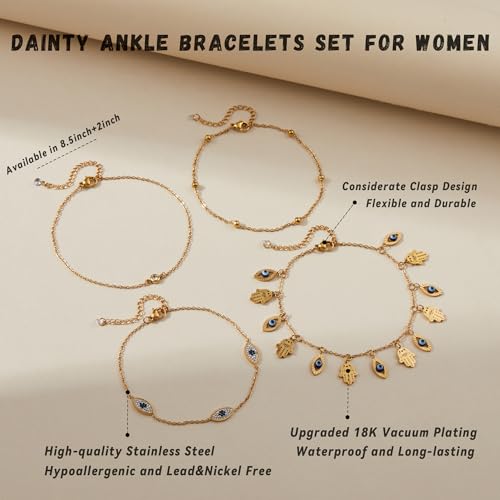 LOFITOR Ankle Bracelets for Women Glitter Waterproof Adjustable Anklet Set for Women 18K Gold Plated Silver Charm Dainty Layered Anklets, Summer Beach Anklet Jewelry for Women - style: Evil-eye Gold
