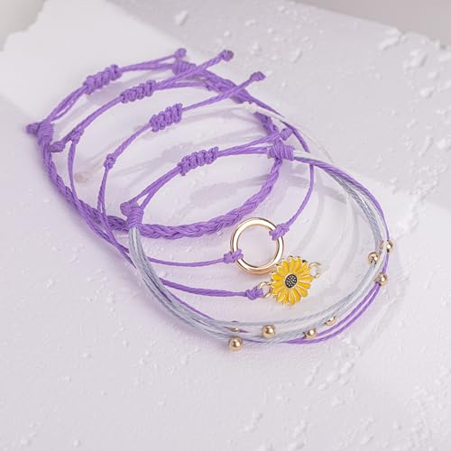 FANCY SHINY Easter Gifts Basket Stuffers Sunflower String Bracelet Boho Braided Rope Wrap Bracelets Cute Summer Beach Surfer Jewelry for Women - color: Purple